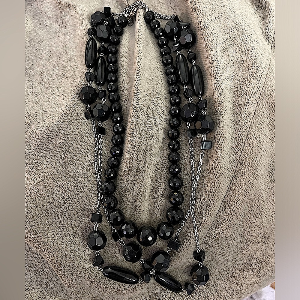 Set 2 Elegant Black Beaded Layering‎ Necklace Bundle Single Strand Chain w Beads